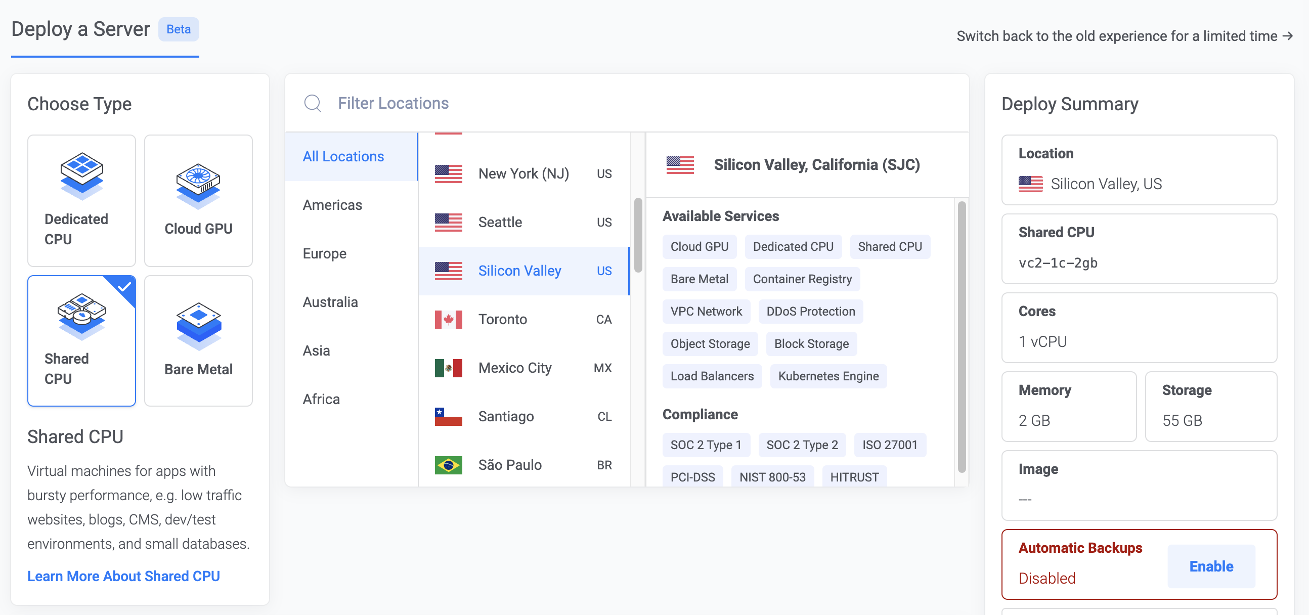 Vultr deploy server screen showing Shared CPU selected, Silicon Valley location, and 2GB RAM plan